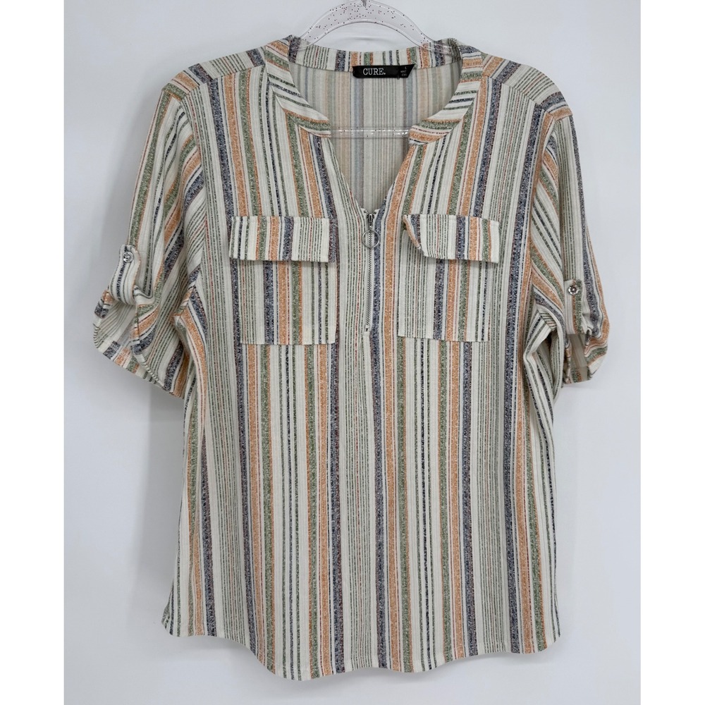 CURE. Womens Multi Color Vertical Stripe Zip V-Neck Roll Tab Top Sz L